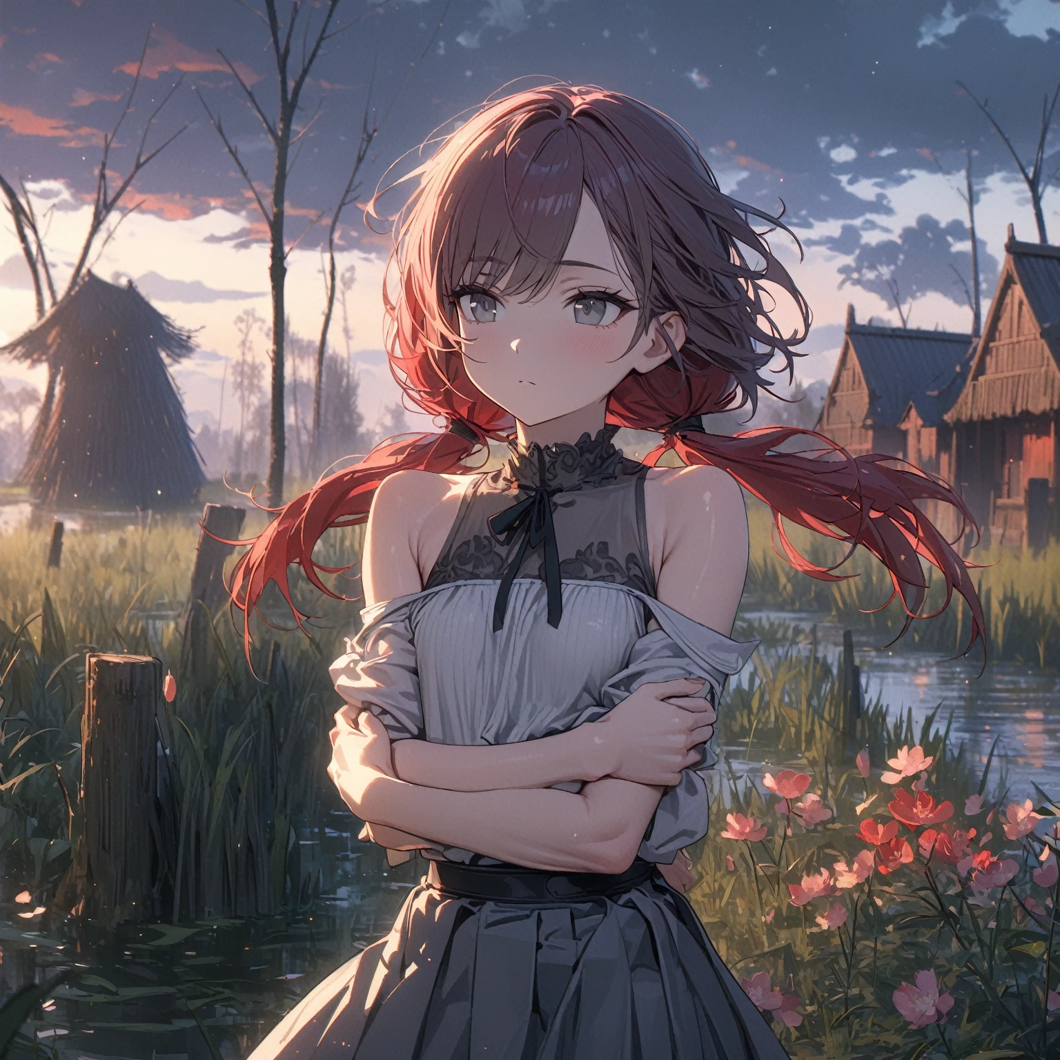 ((Highest Quality, masterpiece, 8k)), light particles, gray eyes, red hair in low twin tails, swept bangs, stoic, looking at flowers, off shoulder gray blouse, gray skirt, hugging self, small breasts, toned arms, flowers, swamp, dusk, willow trees, toned arms,