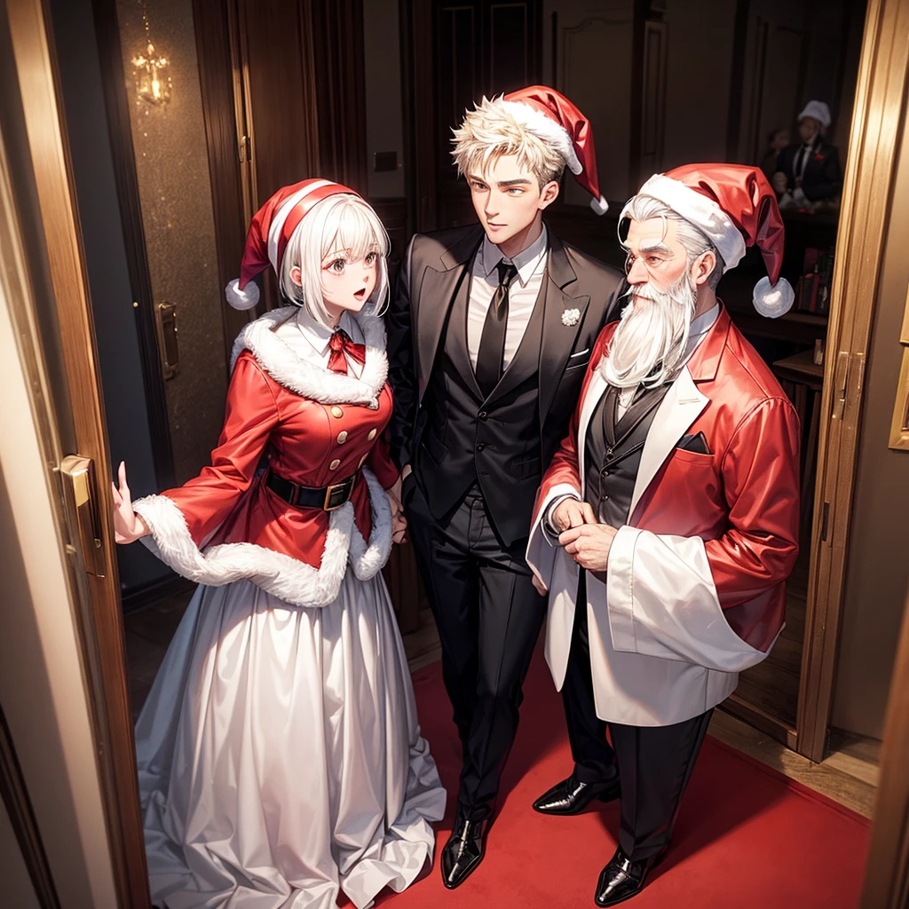 Him young, Short White Hair, Black Suit, black necktie, white dress shirt, santa claus hat, inside the room, full of lights, several happy women around him in Santa Claus clothes, Christmas party.