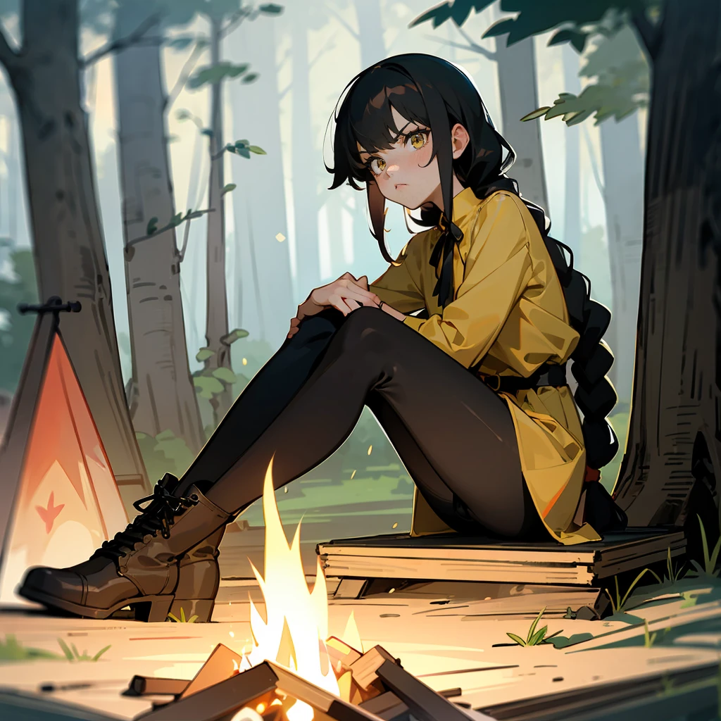 1female, Black Hair, Yellow Blouse, Braided Hair, Black Leggings, Combat Boots, Hazel Eyes, Serious Expression, , Princess, Adult Female, Forest, Sitting by a Campfire
