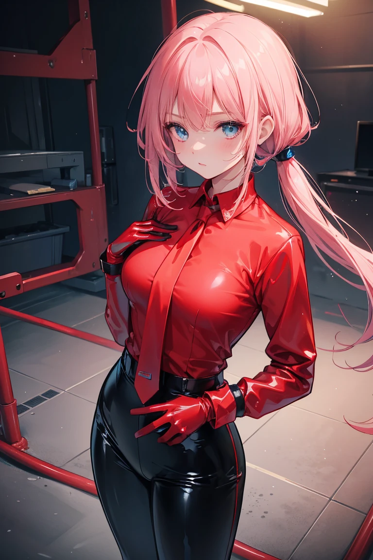 1 girl, Malina \(lucky winner\), ((blue elbow gloves)), ((surgical gloves)), ((latex gloves)), (Red shirt), ((long sleeves)), (necktie), (pants), looking ahead at viewer, standing, standing alone