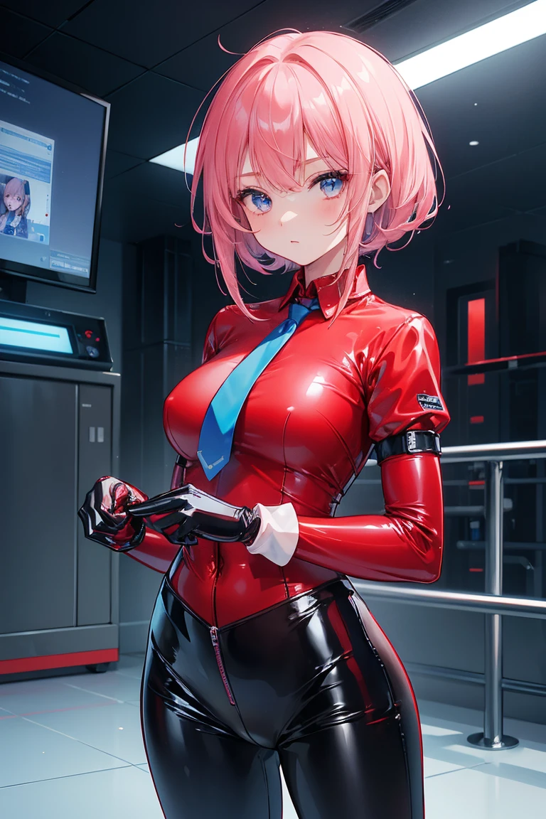 1 girl, Malina \(lucky winner\), ((blue elbow gloves)), ((surgical gloves)), ((latex gloves)), (Red shirt), ((long sleeves)), (necktie), (pants), looking ahead at viewer, standing, standing alone