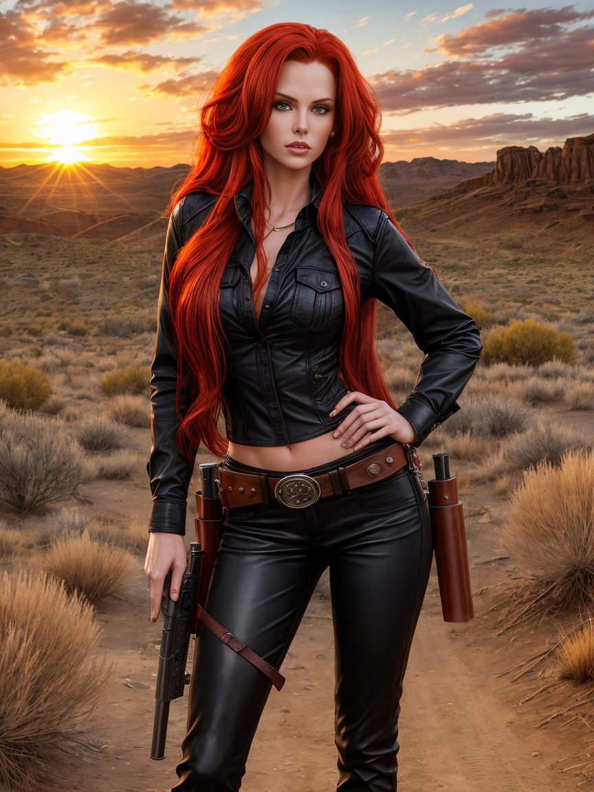 full body realism, a woman with long red hair wearing black leather pants and a plaid shirt is standing next to a gun holster in front of a wild west landscape at sunset