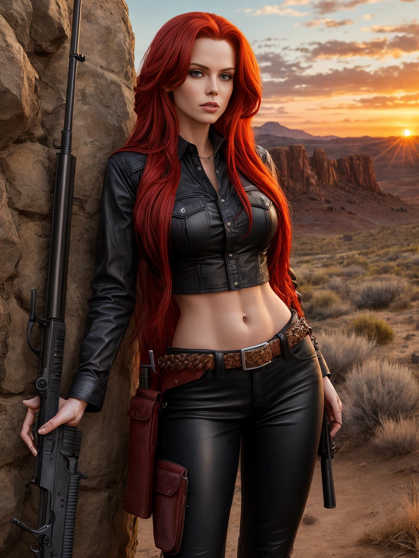 full body realism, a woman with long green hair wearing black leather pants and a plaid shirt is standing next to a gun holster in front of a wild west landscape at sunset