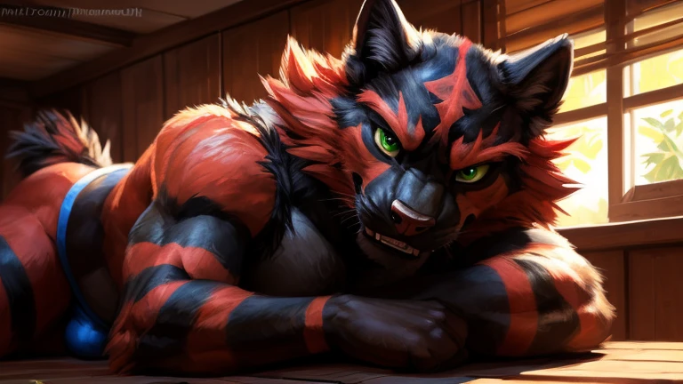 Male, (((solo))) character, incineroar, Male focus, 8k wuality, ultra realistic, 3d render, digital art, beautiful and detailed portrait of a Male incineroar, kenket, Ross Tran,ruan jia, uploaded to e621, zaush, foxovh, cenematic lighting, (((confident, seductive))), not muscular, weak, (((whole body showed))), (((detailed green eyes))), (((correct position))), (((dating))), (((loving eyes))), (((full in love))), (((seductive))), (((seduction))), (((master))), (((dominant))), (((sexy))), (((full body commission))), (((whole body showed))), (((feral))), (((bulge)))