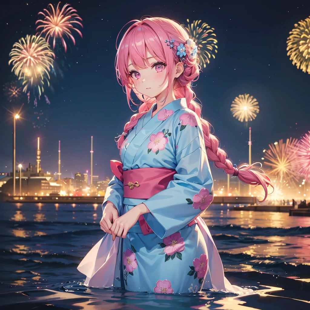 Sky Blue Medium Hair, (Braided Hair),(Pink Eyes),Fair skin ,(whole body),(1 girl)、Floral Yukata、summer night、Extra-large fireworks filling the night sky、Big fireworks、Straight bangs,(masterpiece, Highest quality, Very detailed, Best Shadow), (Detailed Background), (Beautifully detailed face), High Contrast, (Best lighting, Very delicate and beautiful), ((Cinematic Light)), colorful, Hyper Detail 8k, Dramatic Light, Intricate details,Fireworks reflecting on the surface of the water