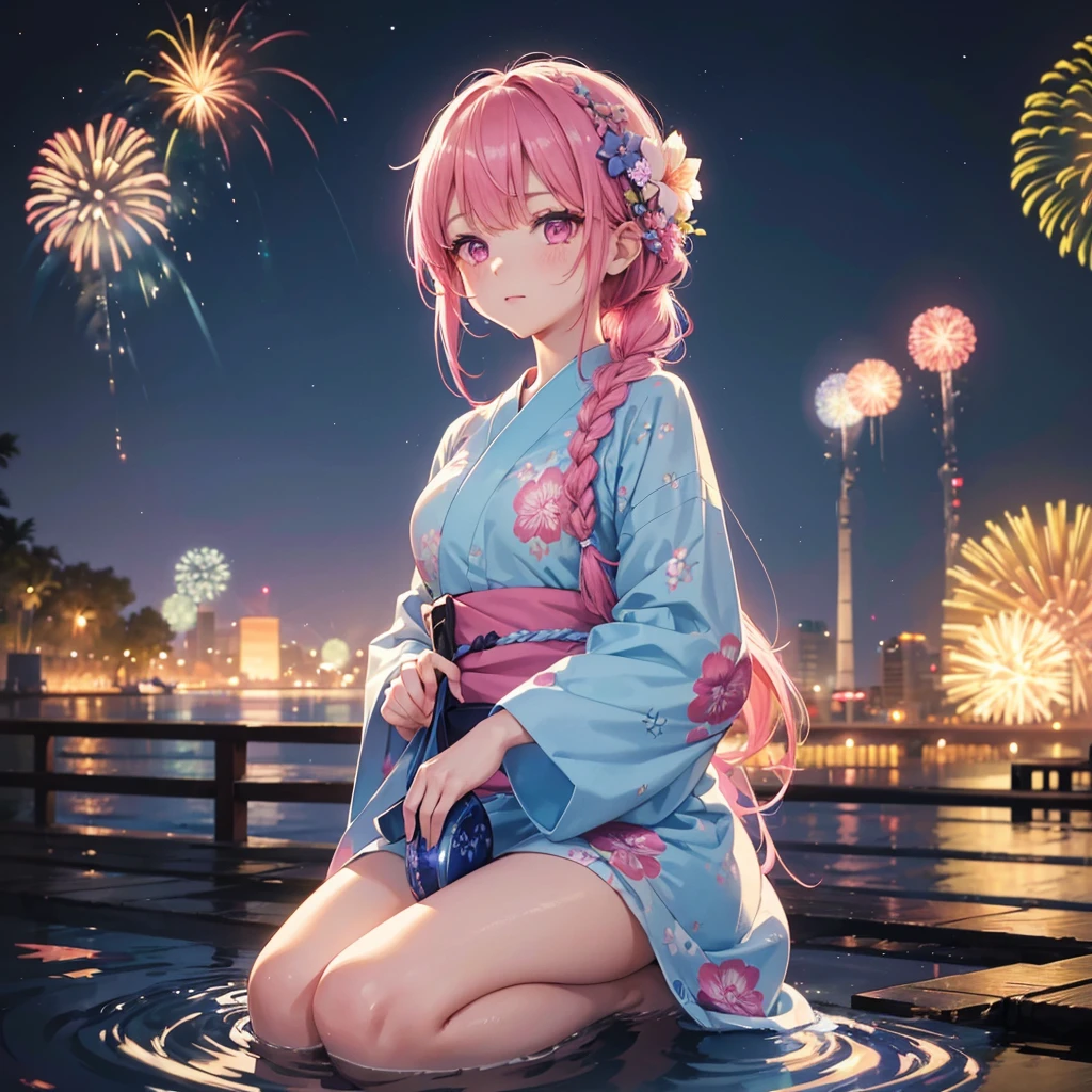Sky Blue Medium Hair, (Braided Hair),(Pink Eyes),Fair skin ,(whole body),(1 girl)、Floral Yukata、summer night、Extra-large fireworks filling the night sky、Big fireworks、Straight bangs,(masterpiece, Highest quality, Very detailed, Best Shadow), (Detailed Background), (Beautifully detailed face), High Contrast, (Best lighting, Very delicate and beautiful), ((Cinematic Light)), colorful, Hyper Detail 8k, Dramatic Light, Intricate details,Fireworks reflecting on the surface of the water