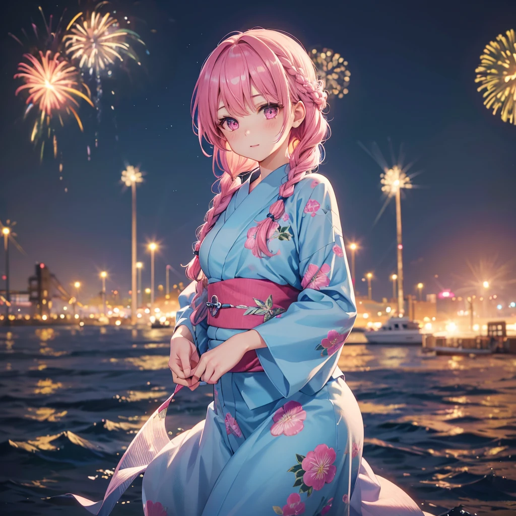 Sky Blue Medium Hair, (Braided Hair),(Pink Eyes),Fair skin ,(whole body),(1 girl)、Floral Yukata、summer night、Extra-large fireworks filling the night sky、Big fireworks、Straight bangs,(masterpiece, Highest quality, Very detailed, Best Shadow), (Detailed Background), (Beautifully detailed face), High Contrast, (Best lighting, Very delicate and beautiful), ((Cinematic Light)), colorful, Hyper Detail 8k, Dramatic Light, Intricate details,Fireworks reflecting on the surface of the water