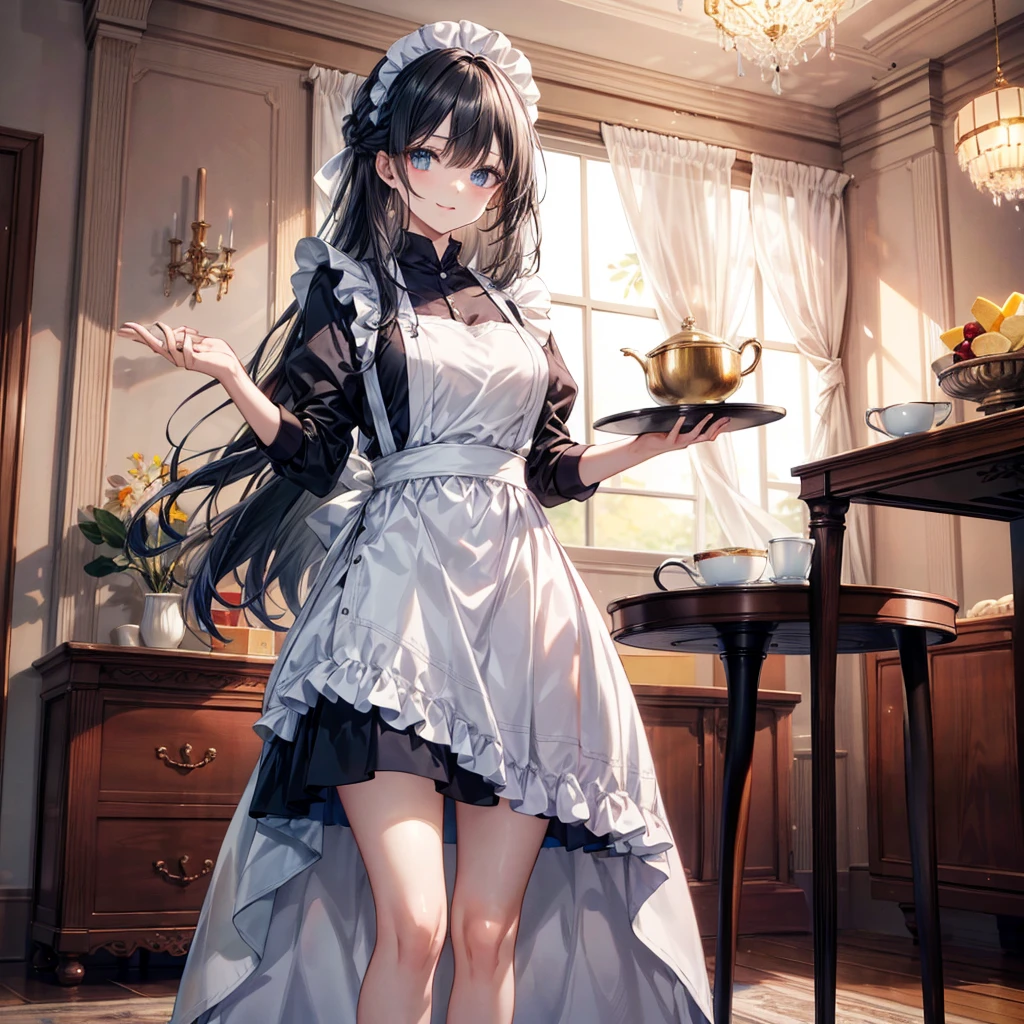 (masterpiece, Highest quality, Highest Resolution, clear_image, Detailed explanation, Perfect Face): A mature and elegant maid in her late twenties with long, flowing black hair in a neat updo. She has captivating blue eyes and a warm, intelligent smile. Wearing a refined navy blue and white maid uniform with a modest knee-length skirt and a crisp apron. Standing professionally in a luxurious living room, holding a silver tea tray. Her posture and expression convey both competence and approachability. The lighting is soft, highlighting her graceful features and the professional atmosphere.