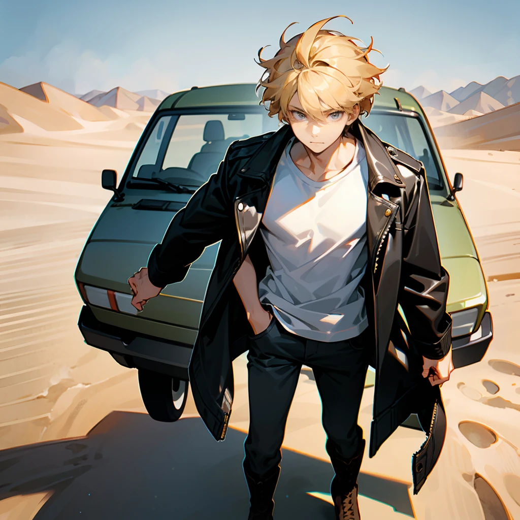 1male, Blonde Hair, Black Leather Jacket, Messy Hair, White T-shirt, Combat Boots, Grey Eyes, Calm Expression, Tall, High Ranker, Adult Male, Desert, Standing by a Jeep