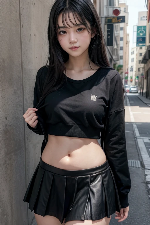 teenage cutie, slight smile, skirt, shirt, belly, thighs (dark black hair) street