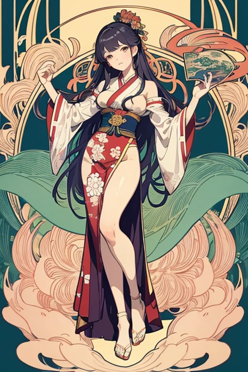 Ukiyo-e illustration of a standing woman。Alphonse Mucha style。Art Nouveau style。whole body。Down to your feet。
