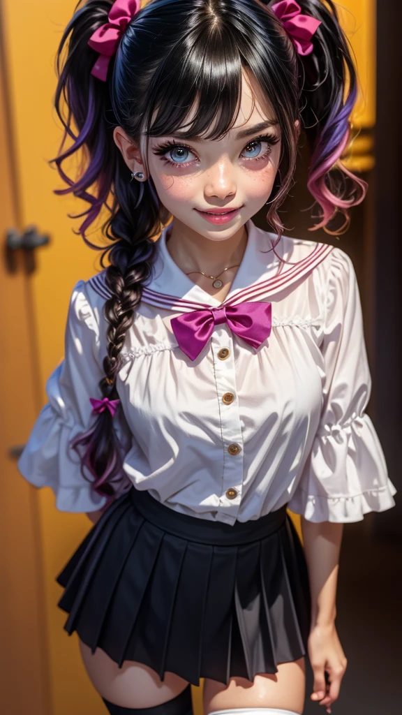 absurdres, highres, ultra detailed, smile,open mouth,standing, looking at viewer,tracen , summer uniform, serafuku, puffy short sleeves, bowtie, horseshoe ornament, sailor collar, sailor shirt, frills, white skirt, purple shirt, miniskirt, zettai ryouiki, white thighhighs, brown footwear, shoes,viblos \(umamusume\),twintails, brown hair, long hair, hat,large breasts, purple eyes, multicolored hair, ear ornament, hair ribbon,