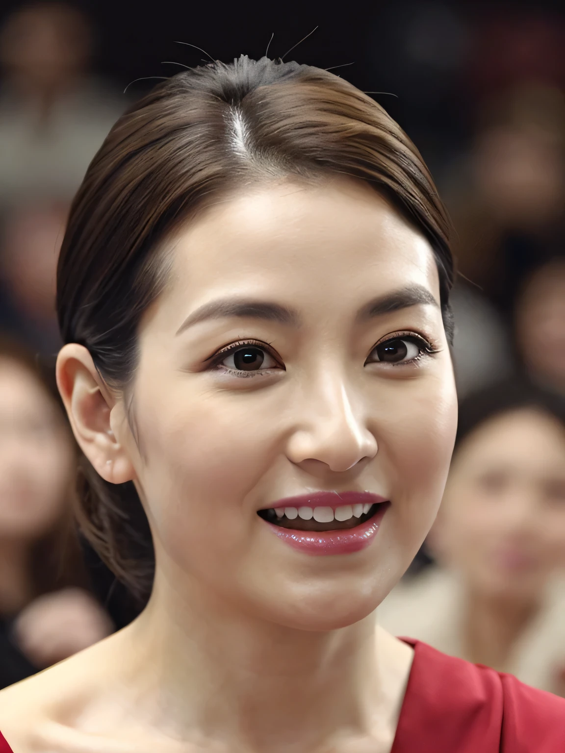 8k, RAW Photos, Highest quality, masterpiece, Head shot from the front、One Japanese woman、28-year-old housewife、Perfect Makeup、Dark eyeliner、Red eyeshadow、Glossy dark pink lips、Big Laugh、Symmetrical eyes、Clear Eyes、Highly detailed eyes、Highly detailed face, Fine skin, Sharp focus, Blurred Background、Shiny light brown hair、Perfect studio lighting、Portrait、Watching the audience、