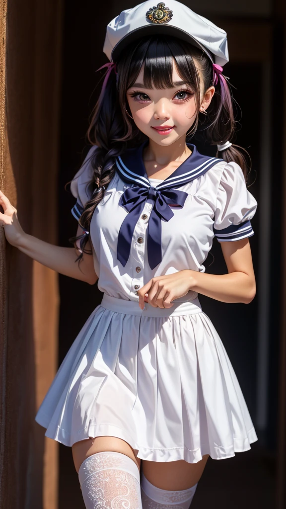 absurdres, highres, ultra detailed, smile,open mouth,standing, looking at viewer,tracen , summer uniform, serafuku, puffy short sleeves, bowtie, horseshoe ornament, sailor collar, sailor shirt, frills, white skirt, purple shirt, miniskirt, zettai ryouiki, white thighhighs, brown footwear, shoes,viblos \(umamusume\),twintails, brown hair, long hair, hat,large breasts, purple eyes, multicolored hair, ear ornament, hair ribbon,