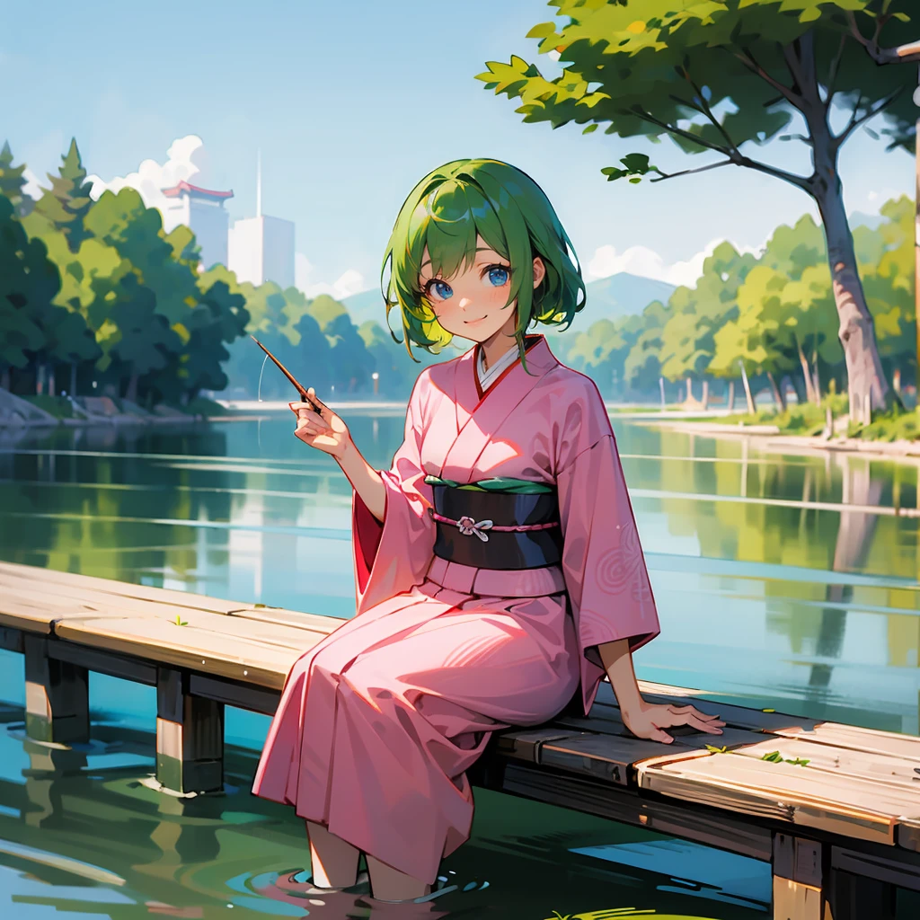 1female, Green Hair, Pink Kimono, Straight Hair, Wooden Sandals, Traditional Japanese Attire, Blue Eyes, Smiling, Slim, Fisherman, Adult Female, Riverbank, Sitting by the Water