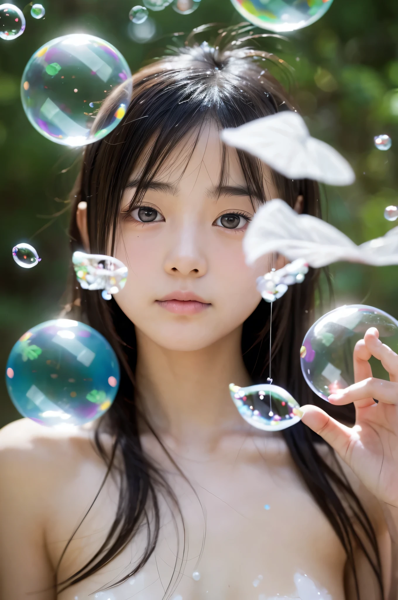 Medical、medical care、super real photo,Fantastic surrealism、Fairies in the world of soap bubbles、A beautiful 18-year-old Japanese girl who strips off her skin like a soap bubble、Emerging from a soap bubble, cinematic, portrait photography, photo, fashion