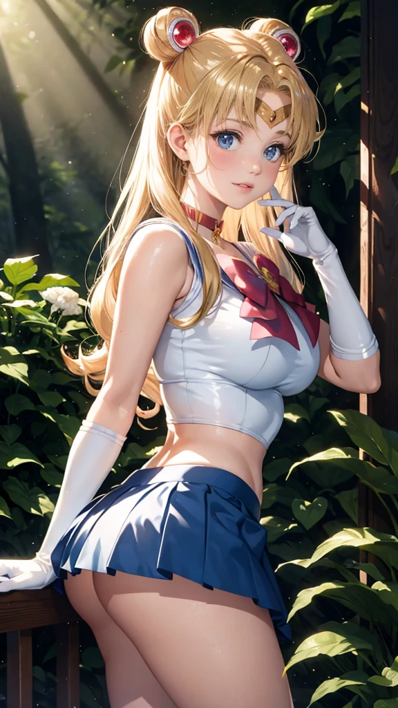 masterpiece, The best quality, 1girl,Tsukino Usagi, forest background, gloves, breasts, blush, TURN ON, shiny skin, lips, Bedroom, showing perfect ass, half naked, blue mini skirt, smiling, blonde girl. Sexy pose, up skirt.