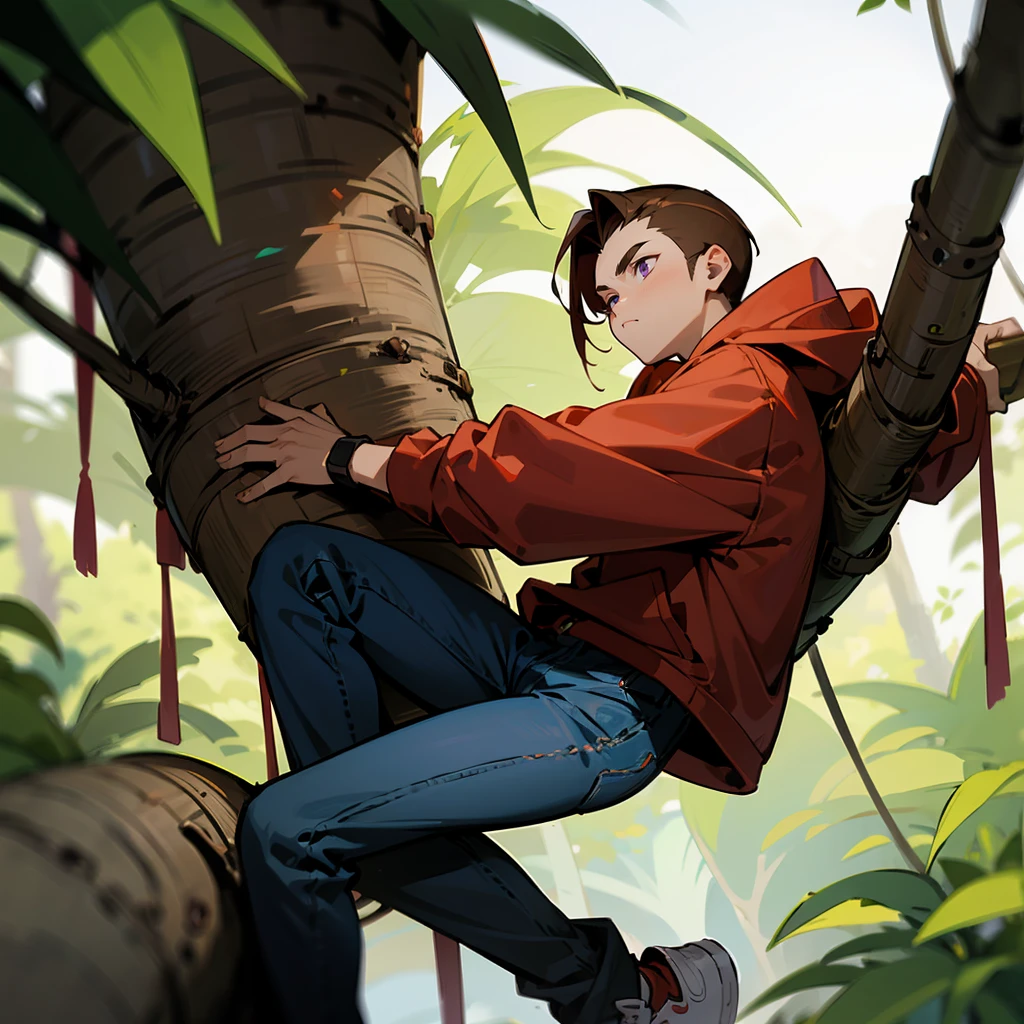 1male, Brown Hair, Red Hoodie, Slick Back Hair, Blue Jeans, Sneakers, Purple Eyes, Focused Expression, Average Build, Scout, Adult Male, Jungle, Climbing a Tree