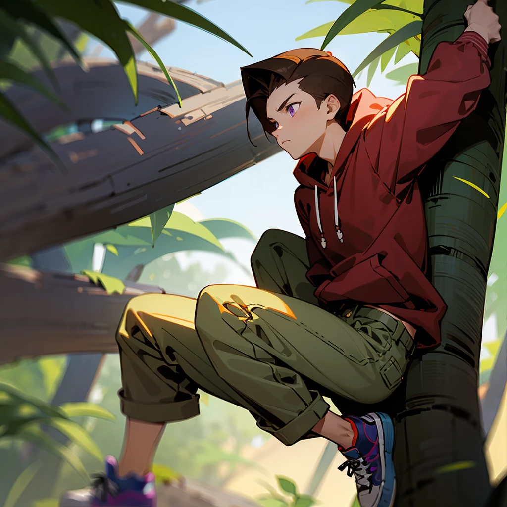 1male, Brown Hair, Red Hoodie, Slick Back Hair, Blue Jeans, Sneakers, Purple Eyes, Focused Expression, Average Build, Scout, Adult Male, Jungle, Climbing a Tree