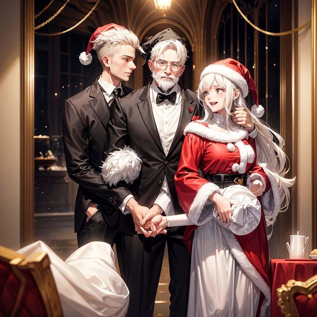 Him young, Short White Hair, Black Suit, black necktie, white dress shirt, santa claus hat, inside the room, full of lights, several happy women around him in Santa Claus clothes, Christmas party.