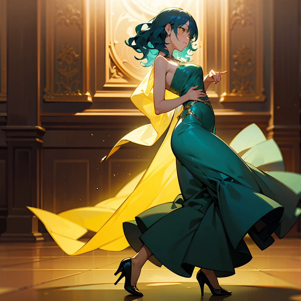 1female, Blue Hair, Green Evening Gown, Wavy Hair, Silver Shawl, High Heels, Yellow Eyes, Sad Expression, Athletic, High Ranker, Adult Female, Ballroom, Dancing Alone