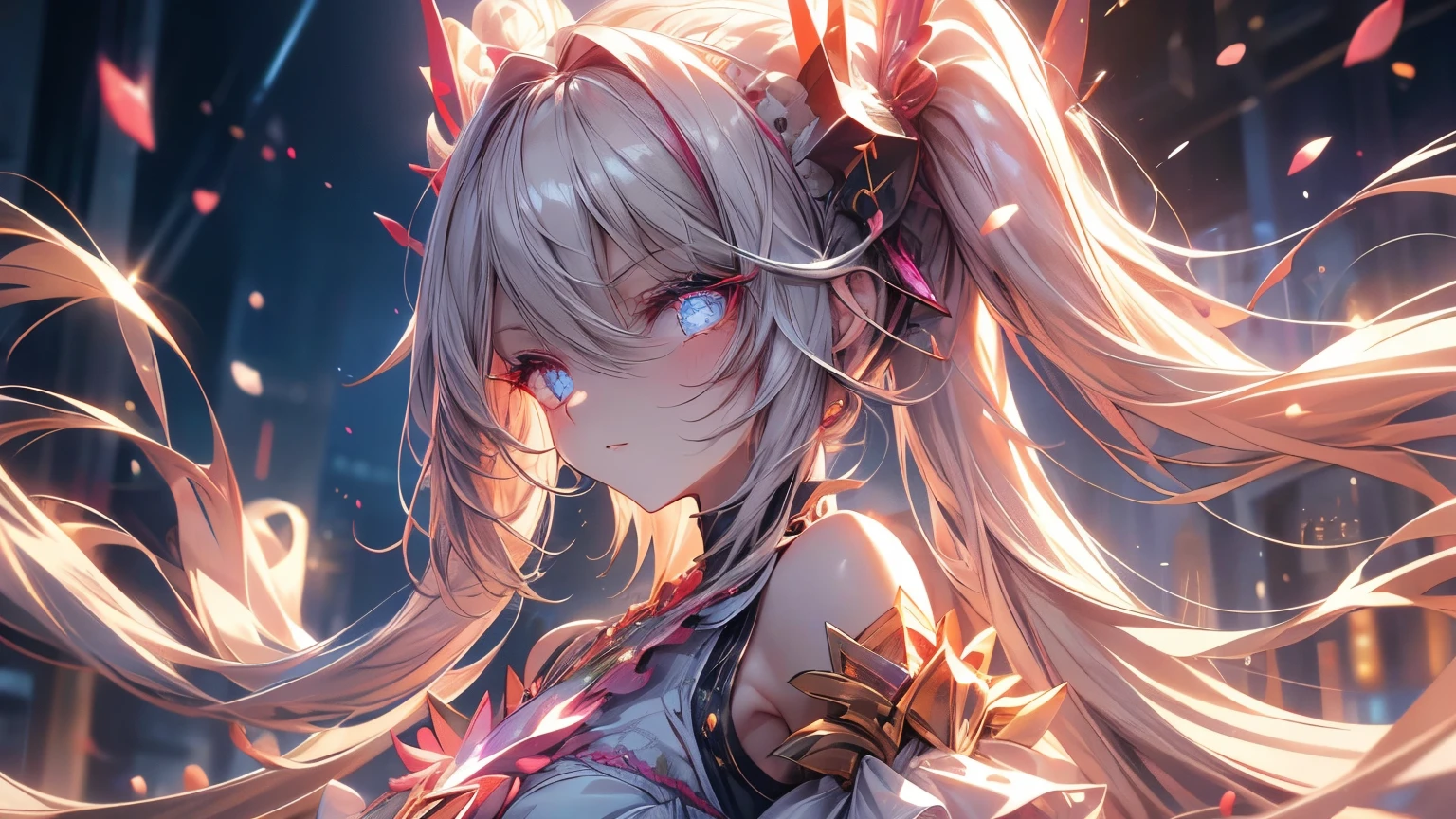 Twin tails,beautiful girl,thunder,lightning,magic,Particles of light,(Highest quality, High resolution:1.2),Mysterious atmosphere,Dynamic pose,High detail,Jewelry goods,bracelet,Red Gemstone Pendant,Almond Eyes, Exquisite eye makeup, Long eyelashes fluttering, Blinking big eyes