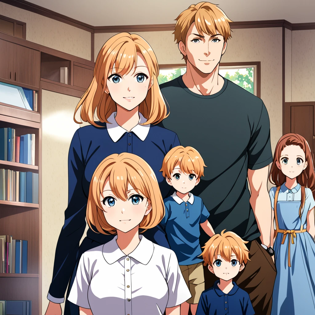 3 kids, mom,family portrait,standing,anime style