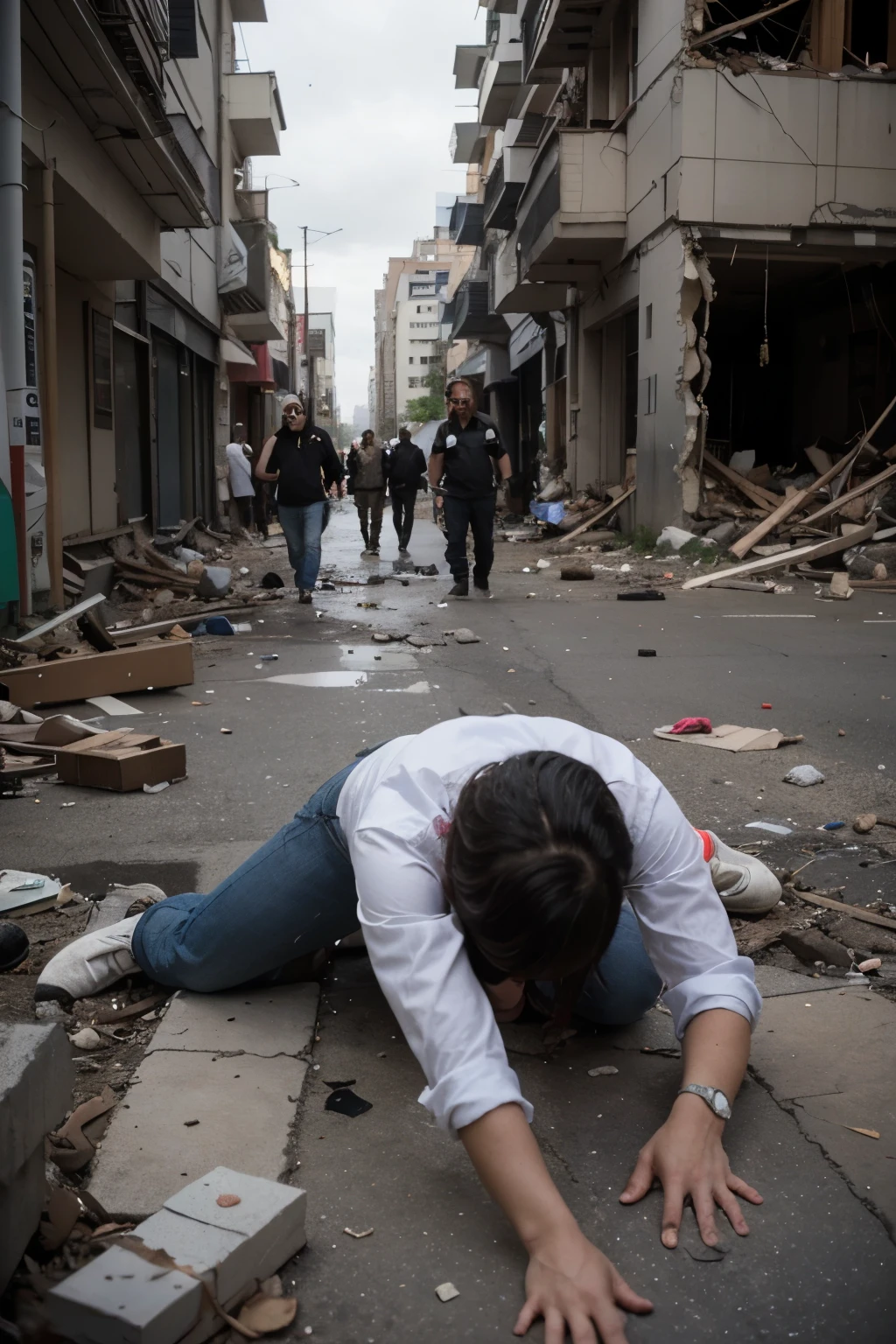 A city in the midst of a devastating earthquake. The ground is cracked and buildings are crumbling, with debris everywhere. People are panicking, trying to find shelter or help the injured. The scene is chaotic, with an atmosphere of urgency and desperation. ((high quality)), (detailed)