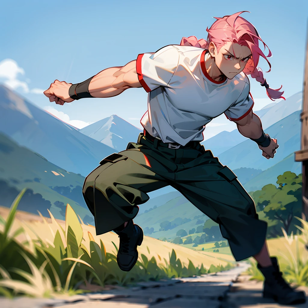 1male, Pink Hair, White T-shirt, Braided Hair, Black Cargo Pants, Combat Boots, Red Eyes, Determined Expression, Muscular, Perfect Generation, Adult Male, Mountains, Hiking on a Trail