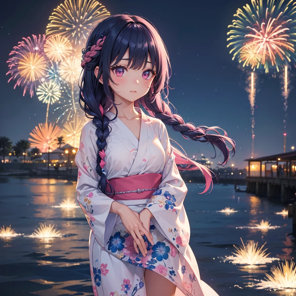 Sky Blue Medium Hair, (Braided Hair),(Pink Eyes),Fair skin ,(whole body),(1 girl)、Floral Yukata、summer night、Extra-large fireworks filling the night sky、Big fireworks、Straight bangs,(masterpiece, Highest quality, Very detailed, Best Shadow), (Detailed Background), (Beautifully detailed face), High Contrast, (Best lighting, Very delicate and beautiful), ((Cinematic Light)), colorful, Hyper Detail 8k, Dramatic Light, Intricate details,Fireworks reflecting on the surface of the water