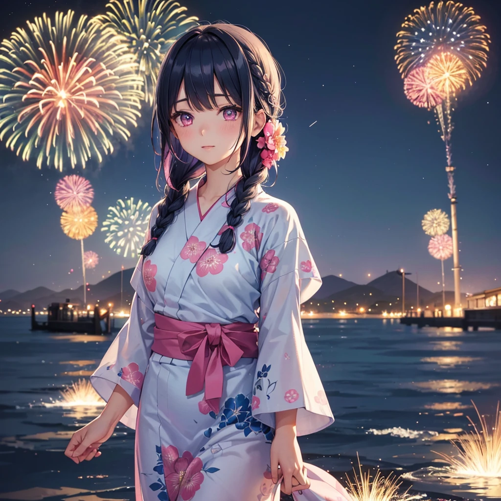 Sky Blue Medium Hair, (Braided Hair),(Pink Eyes),Fair skin ,(whole body),(1 girl)、Floral Yukata、summer night、Extra-large fireworks filling the night sky、Big fireworks、Straight bangs,(masterpiece, Highest quality, Very detailed, Best Shadow), (Detailed Background), (Beautifully detailed face), High Contrast, (Best lighting, Very delicate and beautiful), ((Cinematic Light)), colorful, Hyper Detail 8k, Dramatic Light, Intricate details,Fireworks reflecting on the surface of the water