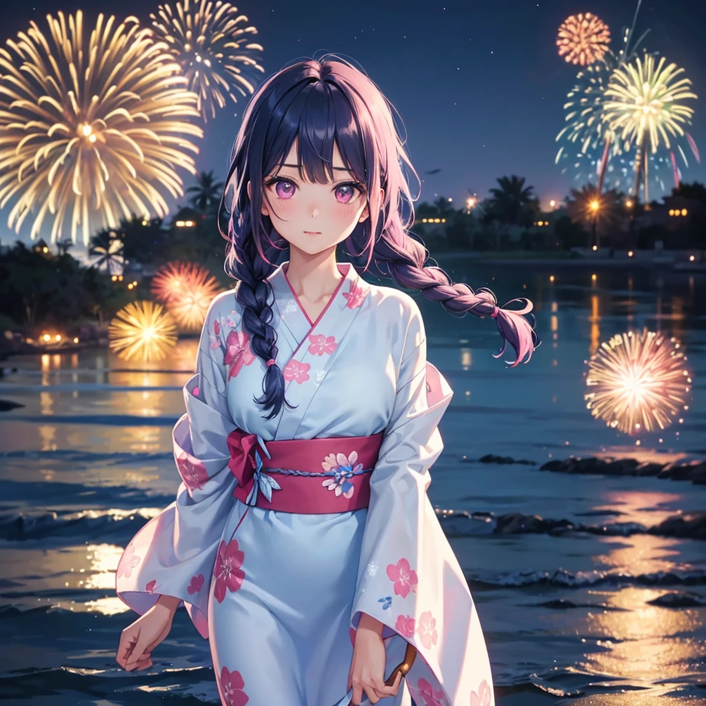 Sky Blue Medium Hair, (Braided Hair),(Pink Eyes),Fair skin ,(whole body),(1 girl)、Floral Yukata、summer night、Extra-large fireworks filling the night sky、Big fireworks、Straight bangs,(masterpiece, Highest quality, Very detailed, Best Shadow), (Detailed Background), (Beautifully detailed face), High Contrast, (Best lighting, Very delicate and beautiful), ((Cinematic Light)), colorful, Hyper Detail 8k, Dramatic Light, Intricate details,Fireworks reflecting on the surface of the water