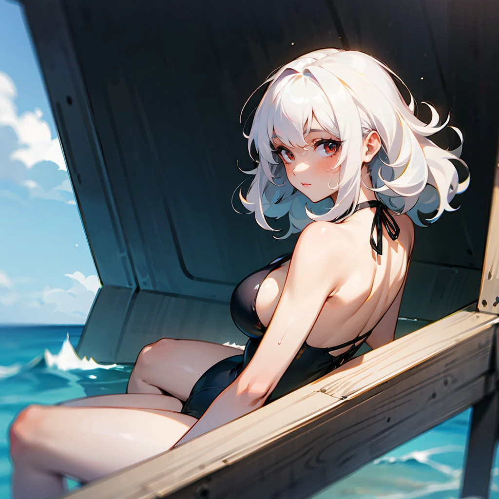 1female, White Hair, Black Swimsuit, Curly Hair,