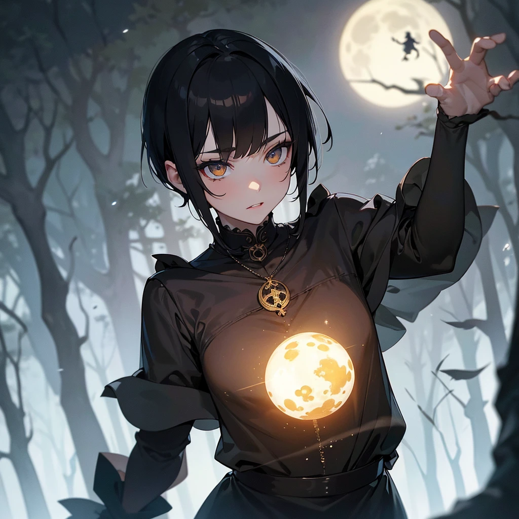 1 woman, black buzz cut hair, alternative hair style, pale skin, delicate feminine mouth, small amber eyes, magic mushrooms in the floor, witch costume, playing with black cat, funny, full moon in sky, dark forest backdrop, ethereal, moody lighting, cinematic, dramatic, fantasy, magic, occult, supernatural, hyper detailed, intricate, masterpiece, ultra-detailed, 8k, photorealistic, cinematic lighting, dramatic shadows