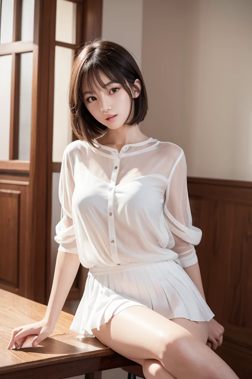 masterpiece、Highest quality、High resolution、wallpaper、Realistic、Bright lighting、Professional Lighting、Face Light、Smooth lighting、Japanese Girls、Beautiful woman、gravure、so beautiful、Beautiful Skin、Beautiful and detailed、Detailed face、slim、Moderate、short hair、Looking into the camera、play the guitar、mini skirt,No makeup,Innocent face、Sitting in a chair,White panties,See-through blouse,(Realistic Skin)