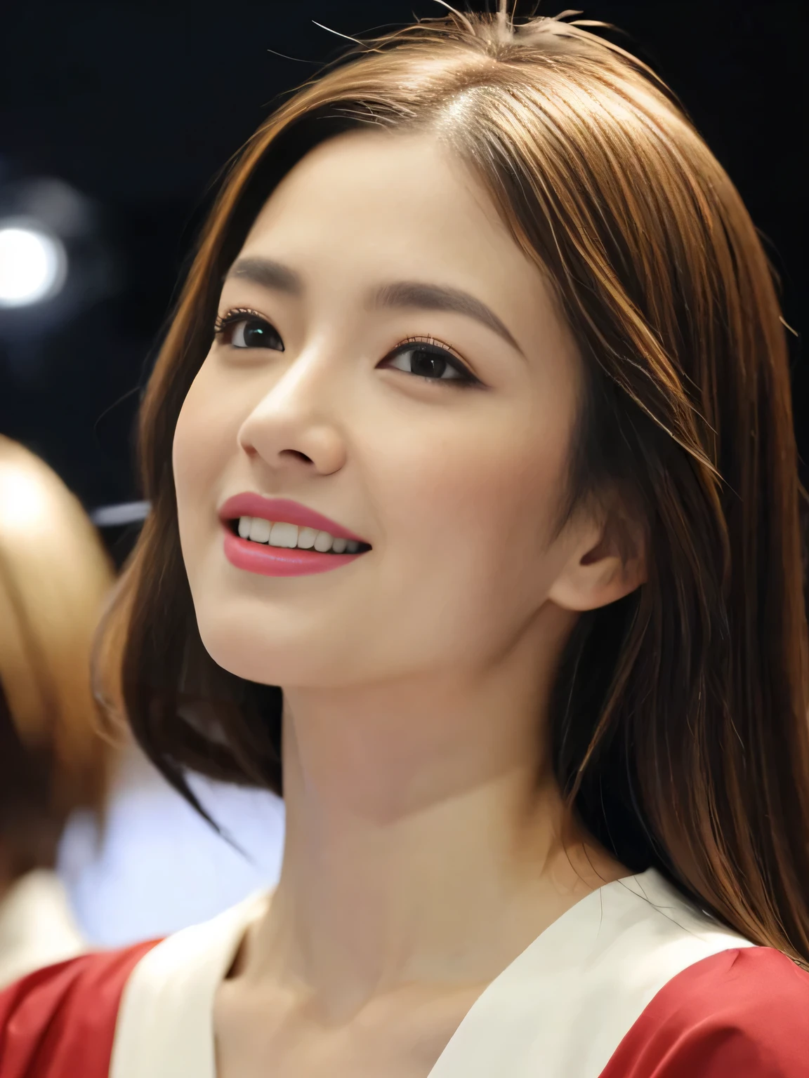8k, RAW Photos, Highest quality, masterpiece, Head shot from the front、One Japanese woman、28-year-old housewife、Perfect Makeup、Dark eyeliner、Red eyeshadow、Glossy dark pink lips、Big Laugh、Symmetrical eyes、Focused eyes、Clear Eyes、Highly detailed eyes、Highly detailed face, Fine skin, Sharp focus, Blurred Background、Shiny light brown hair、Perfect studio lighting、Portrait、Watching the audience、