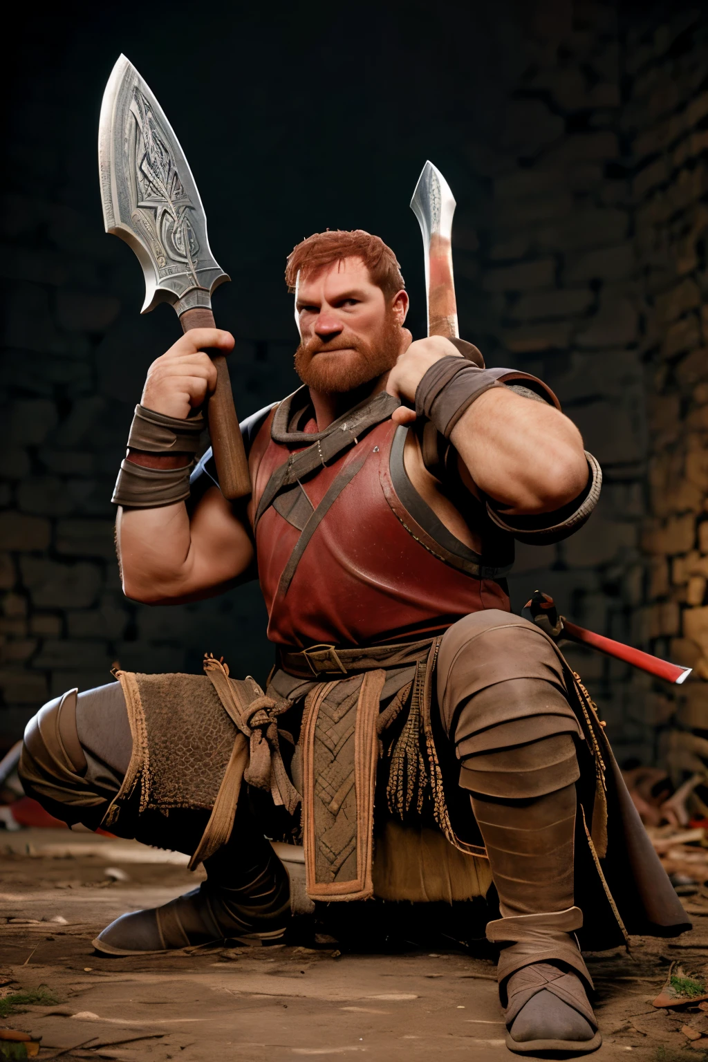 A sturdy middle-aged red-haired man，Medieval noble warrior，Squatting on the ground，Cover the middle of your legs with your hands，A bloody axe stuck between the legs