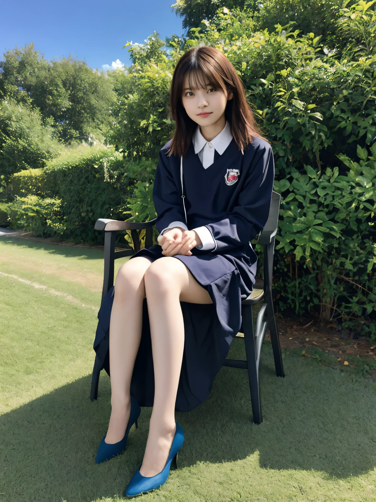 
Woman sitting by the lake、Standing with both knees together、Legs stretched out in front、Hands on your back、Beauty、20-year-old、university student、Well-balanced proportionedium build、Small face、Small breasts、Small Ass、A strong wind is blowing、grassland、There are a lot of trees、She is wearing a navy blue short-sleeved long dress、Wearing white panties、Wearing pumps、Uniform left and right eyes、blue sky、

