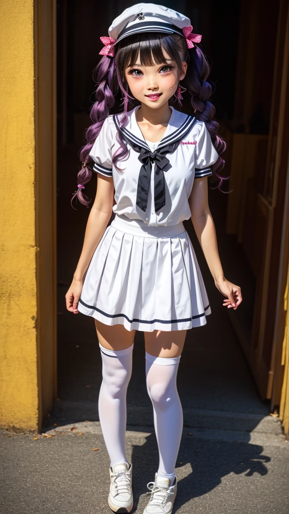 absurdres, highres, ultra detailed, smile,open mouth,standing, looking at viewer,tracen , summer uniform, serafuku, puffy short sleeves, bowtie, horseshoe ornament, sailor collar, sailor shirt, frills, white skirt, purple shirt, miniskirt, zettai ryouiki, white thighhighs, brown footwear, shoes,viblos \(umamusume\),twintails, brown hair, long hair, hat,large breasts, purple eyes, multicolored hair, ear ornament, hair ribbon,