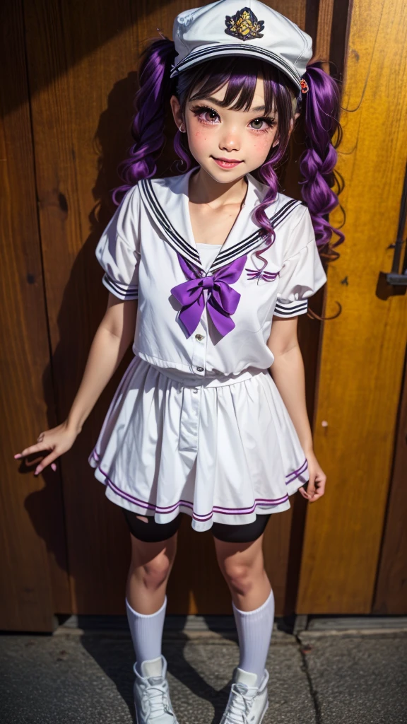 absurdres, highres, ultra detailed, smile,open mouth,standing, looking at viewer,tracen , summer uniform, serafuku, puffy short sleeves, bowtie, horseshoe ornament, sailor collar, sailor shirt, frills, white skirt, purple shirt, miniskirt, zettai ryouiki, white thighhighs, brown footwear, shoes,viblos \(umamusume\),twintails, brown hair, long hair, hat,large breasts, purple eyes, multicolored hair, ear ornament, hair ribbon,