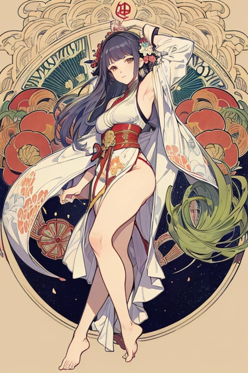 Ukiyo-e illustration of a woman standing。Alphonse Mucha style。Art Nouveau style。whole body。Down to your feet。