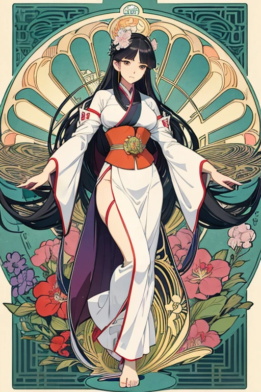 Ukiyo-e illustration of a woman standing。Alphonse Mucha style。Art Nouveau style。whole body。Down to your feet。