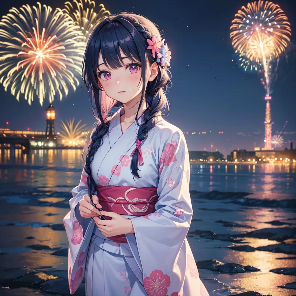 Sky Blue Medium Hair, (Braided Hair),(Pink Eyes),Fair skin ,(whole body),(1 girl)、Floral Yukata、summer night、Extra-large fireworks filling the night sky、Big fireworks、Straight bangs,(masterpiece, Highest quality, Very detailed, Best Shadow), (Detailed Background), (Beautifully detailed face), High Contrast, (Best lighting, Very delicate and beautiful), ((Cinematic Light)), colorful, Hyper Detail 8k, Dramatic Light, Intricate details,Fireworks reflected on the water surface