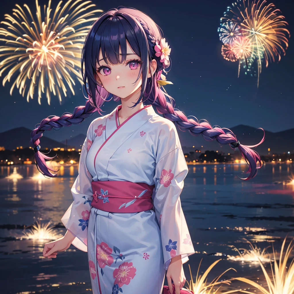 Sky Blue Medium Hair, (Braided Hair),(Pink Eyes),Fair skin ,(whole body),(1 girl)、Floral Yukata、summer night、Extra-large fireworks filling the night sky、Big fireworks、Straight bangs,(masterpiece, Highest quality, Very detailed, Best Shadow), (Detailed Background), (Beautifully detailed face), High Contrast, (Best lighting, Very delicate and beautiful), ((Cinematic Light)), colorful, Hyper Detail 8k, Dramatic Light, Intricate details,Fireworks reflected on the water surface