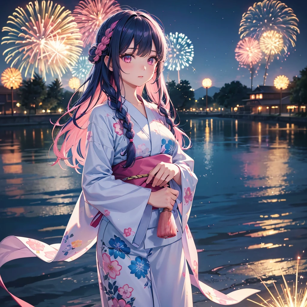 Sky Blue Medium Hair, (Braided Hair),(Pink Eyes),Fair skin ,(whole body),(1 girl)、Floral Yukata、summer night、Extra-large fireworks filling the night sky、Big fireworks、Straight bangs,(masterpiece, Highest quality, Very detailed, Best Shadow), (Detailed Background), (Beautifully detailed face), High Contrast, (Best lighting, Very delicate and beautiful), ((Cinematic Light)), colorful, Hyper Detail 8k, Dramatic Light, Intricate details,Fireworks reflected on the water surface