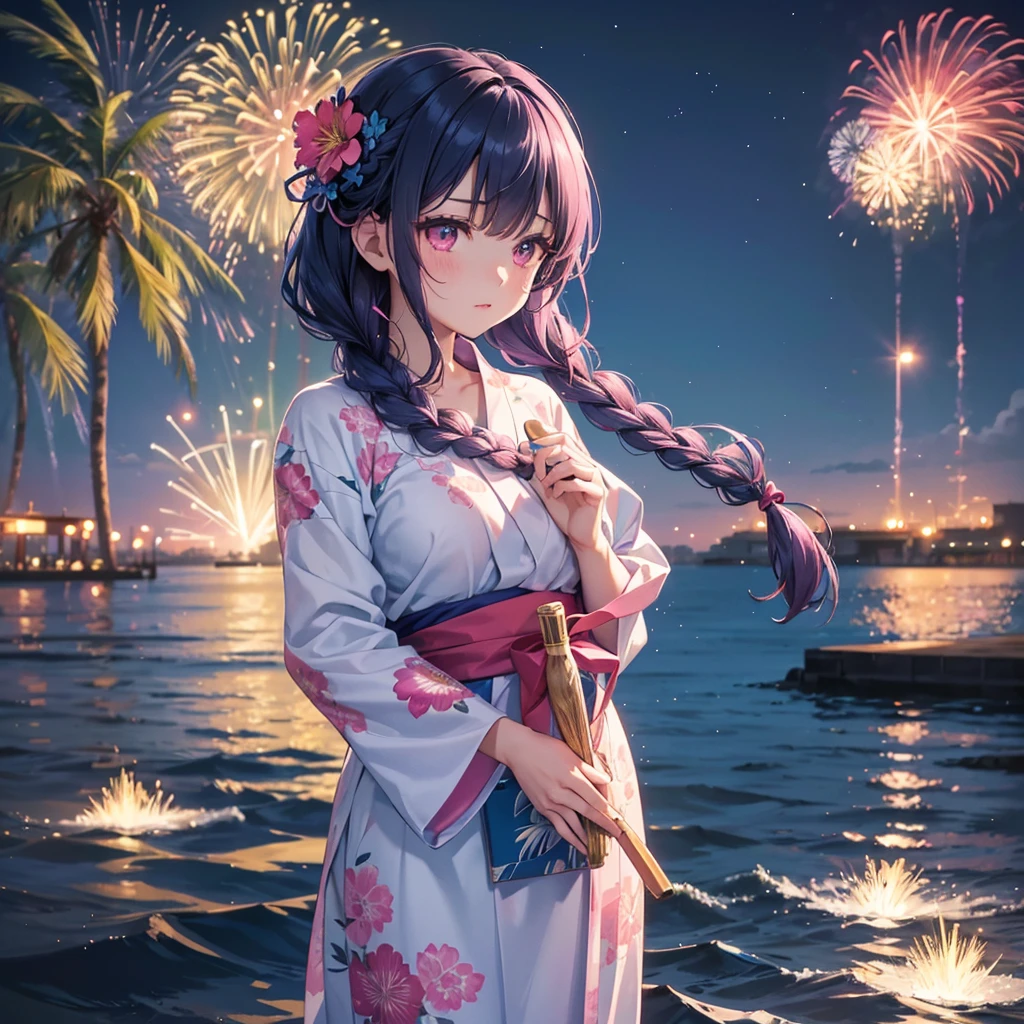 Sky Blue Medium Hair, (Braided Hair),(Pink Eyes),Fair skin ,(whole body),(1 girl)、Floral Yukata、summer night、Extra-large fireworks filling the night sky、Big fireworks、Straight bangs,(masterpiece, Highest quality, Very detailed, Best Shadow), (Detailed Background), (Beautifully detailed face), High Contrast, (Best lighting, Very delicate and beautiful), ((Cinematic Light)), colorful, Hyper Detail 8k, Dramatic Light, Intricate details,Fireworks reflected on the water surface