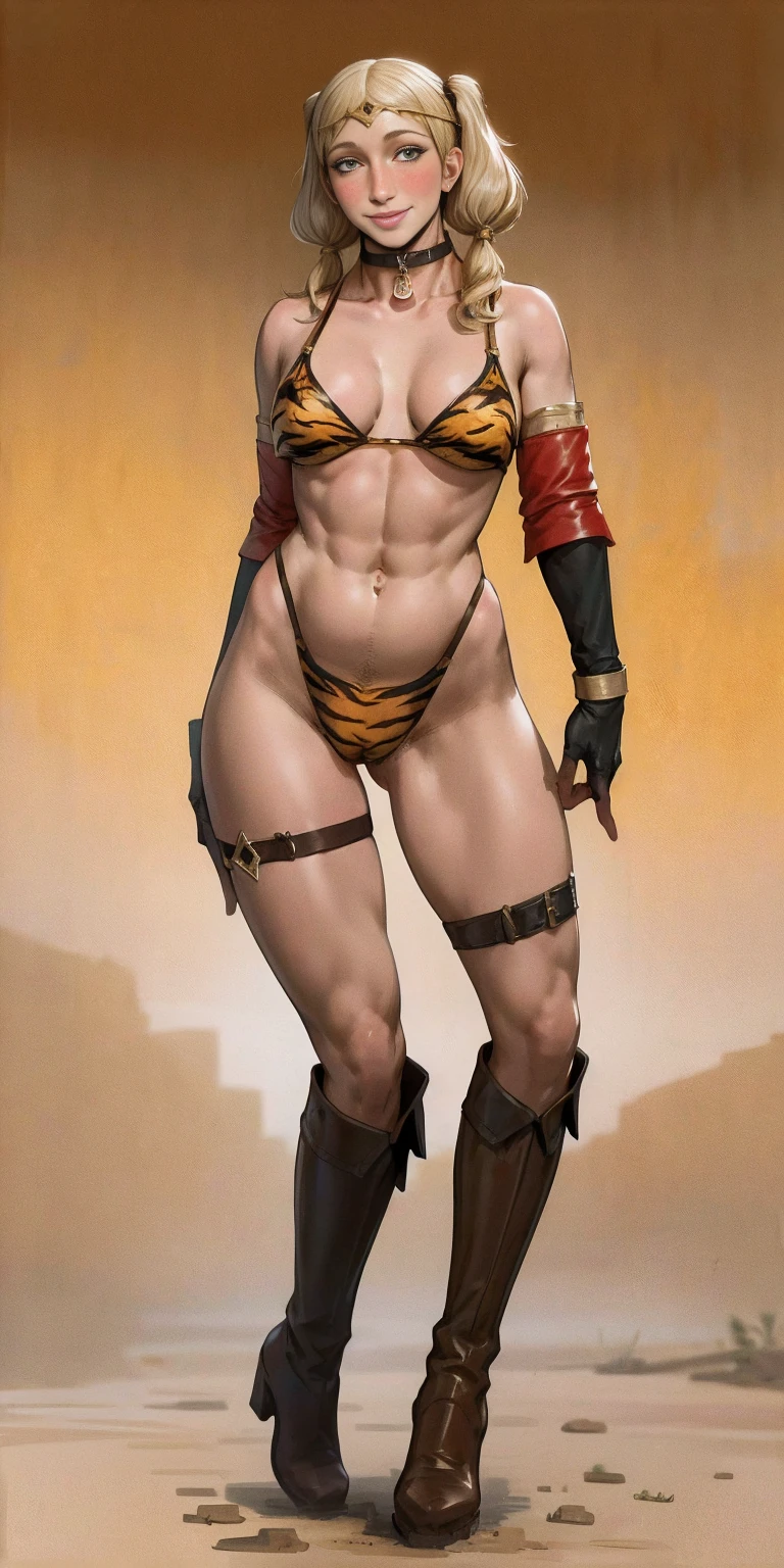1girl, Forrest from Fire Emblem brown boots, brown gloves blonde twintails, full body, female BIMBO yellowish tiger print bikini, hands on waist, navel, lustful smirking smiling, smile face, red blushed, red cheeks, gold sleeveless armbands, black leather choker collar, sleeves bracelets wristband, leather corset