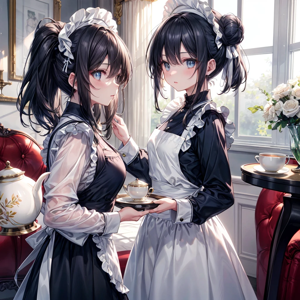 (masterpiece, Highest quality, Highest Resolution, clear_image, Detailed explanation, Perfect Face): A professional and elegant maid in her late twenties or early thirties. She has long, flowing black hair neatly tied in a low bun. Her eyes are deep blue, conveying intelligence and warmth. She wears a crisp, knee-length navy blue and white maid uniform with long sleeves and a high neckline. The uniform includes a modest white apron and a small white cap. Her posture is upright and confident, standing in a luxurious living room. She holds a silver tea tray with a teapot and cups, demonstrating her professional demeanor. Her expression is warm yet composed, showing both approachability and competence. The lighting is soft and natural, highlighting her graceful features without being overly dramatic. The overall image should convey trust, professionalism, and refined elegance without any sexualization or overly youthful appearance.