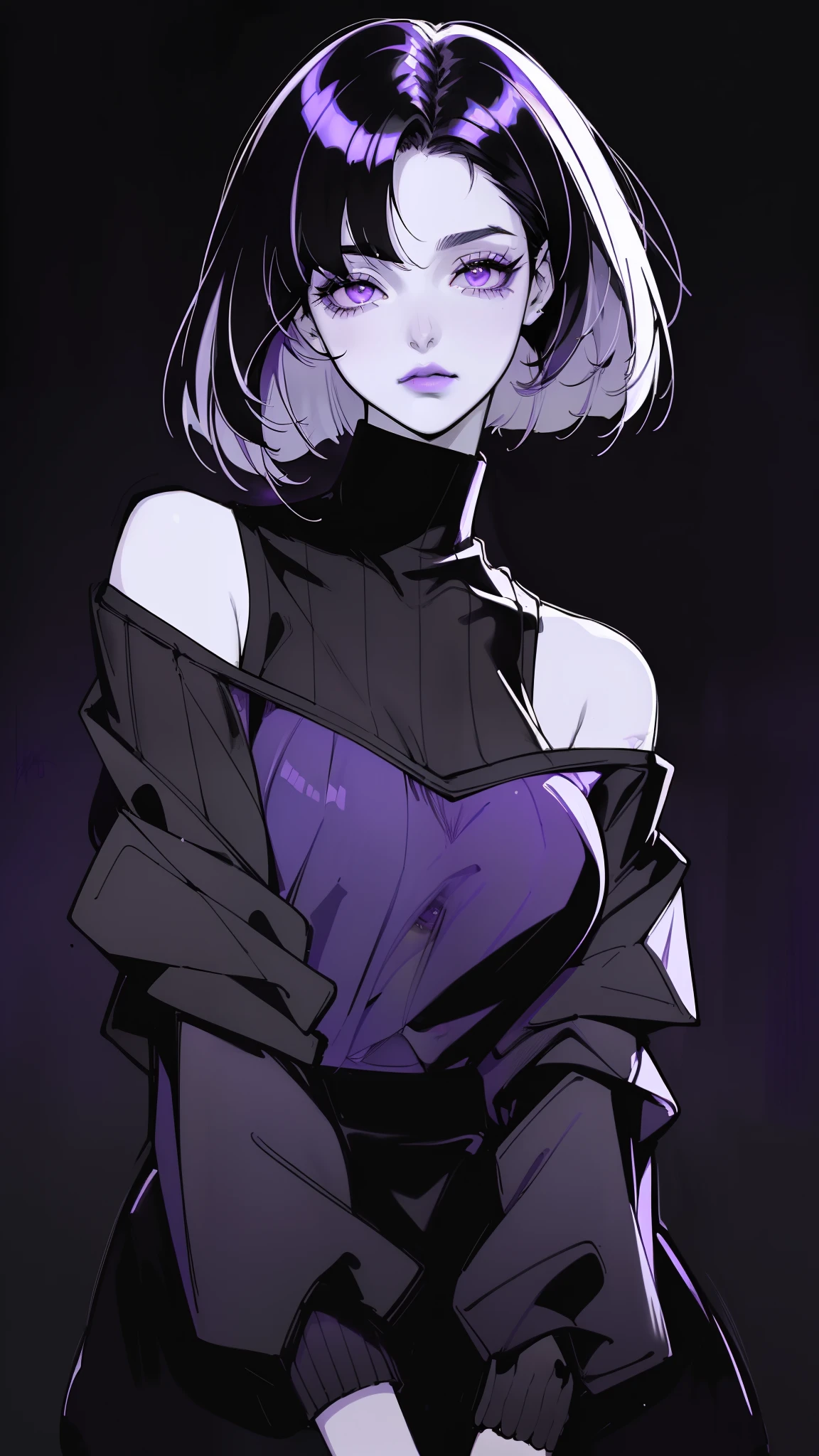 (best quality, sketch:1.2), dark monochrome background, anime,illustrator,anime,1 girl, detailed lips,sweater,custom, ( background dark),neon hair,textured cropping,Canadian, masterpiece, style retro classic, noir dark, art, sketch book, (bob hair purple:1.35, black:1.55), bad women 