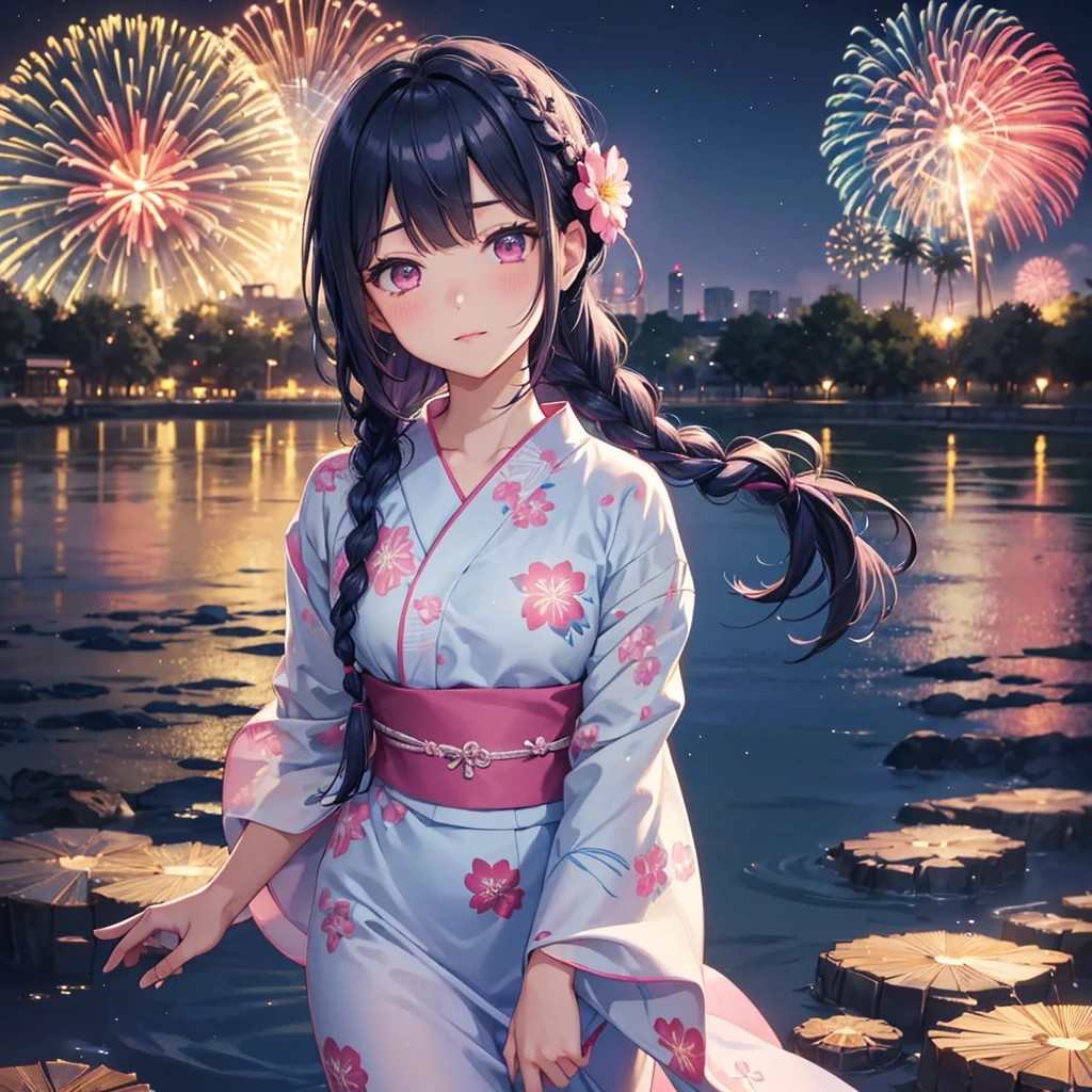 Sky Blue Medium Hair, (Braided Hair),(Pink Eyes),Fair skin ,(whole body),(1 girl)、Floral Yukata、summer night、Extra-large fireworks filling the night sky、Big fireworks、Straight bangs,(masterpiece, Highest quality, Very detailed, Best Shadow), (Detailed Background), (Beautifully detailed face), High Contrast, (Best lighting, Very delicate and beautiful), ((Cinematic Light)), colorful, Hyper Detail 8k, Dramatic Light, Intricate details,Fireworks reflected on the water surface